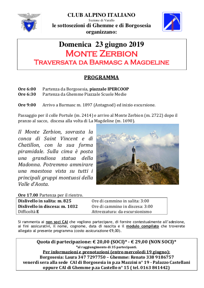 Domenica 23 giugno 2019 Monte Zerbion