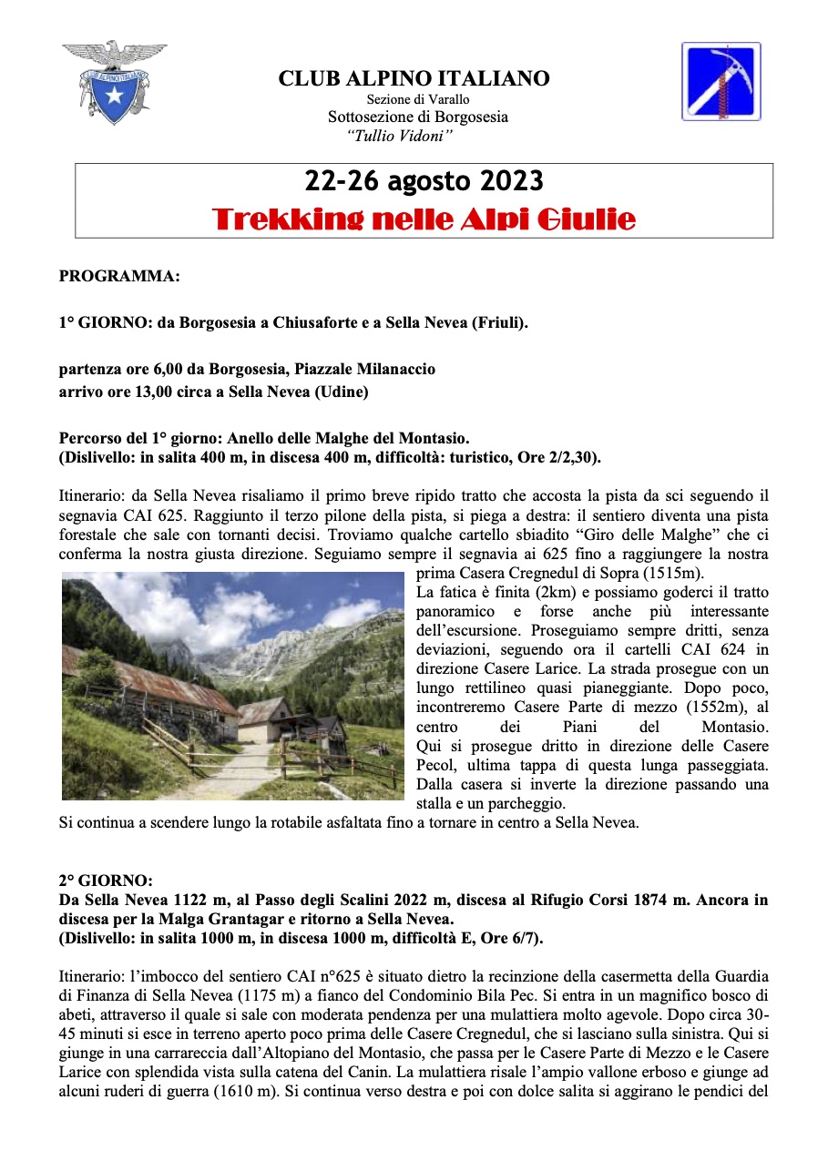 Trekking nelle Alpi Giulie 22-26 agosto CAI Borgosesia